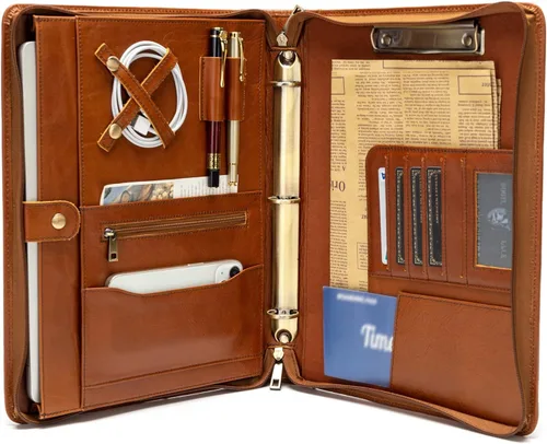 Vista 13 de YIWEN Portafolio de cuero genuino hecho a mano, portafolio con cremallera y carpeta de 3 anillos, organizador profesional de negocios, carpeta