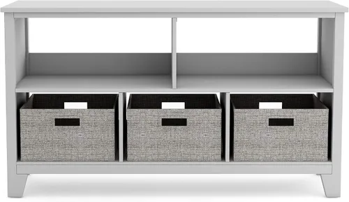Vista 4 de Martha Stewart Estantería baja para niños (gris) - Organizador de almacenamiento de madera de 24 pulgadas con cubos de tela para sala