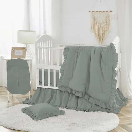 Vista 14 de Brandream Conjunto de Ropa de Cama para Cuna Unisex Bebé Niña Niño 3 Piezas Beige Sólido Boho Chic de Granja Volantes Cálido 100% Algodón Lavado