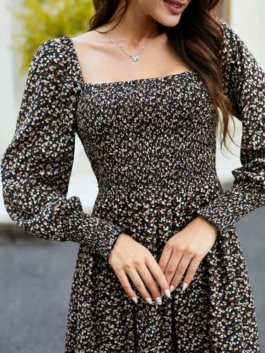 Vista 4 de ZAFUL Women Dress Square Neck Off Shoulder Long Puff Sleeve Smocked High Waist Casual A Line Dress