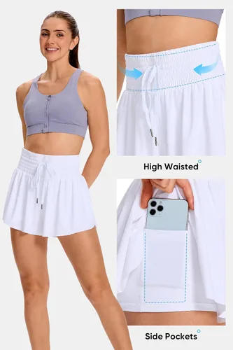 Vista 4 de Blaosn - Pantalones cortos deportivos fluidos para mujer, para entrenamiento, correr, gimnasio, yoga, cintura alta con bolsillos, ropa casual