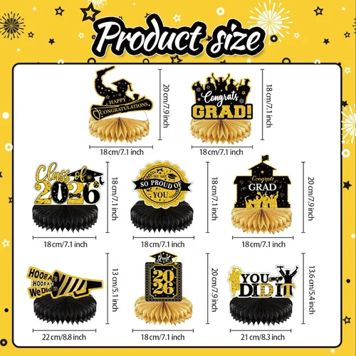 Vista 5 de Decoraciones de fiesta de graduación 2026 – 8 piezas de decoración de fiesta de graduación negro dorado clase de 2026, centros de mesa de panal