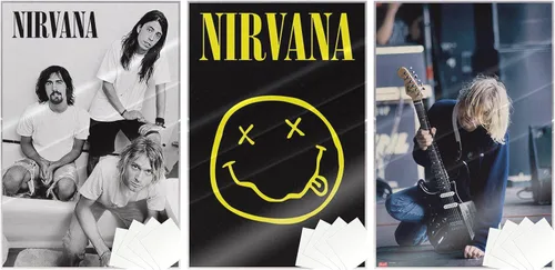 Vista 8 de Nirvana - Juego de póster musical de 3 piezas (Logo - Smiley, Kurt, Krist & Dave In Bathroom, Kurt Live On Stage) (Tamaño: 24" x 36" cada uno)