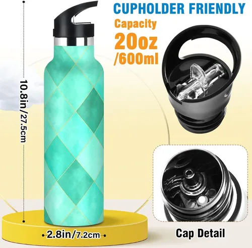Vista 2 de Kids Water Bottle with Straw for School Leakproof Sports Water Bottle for Boys Girls 20oz, BPA-Free, Turquoise Aqua Diamond Tiles
