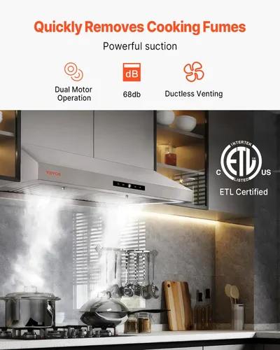 Vista 2 de VEVOR Campana extractora para debajo del gabinete, filtro permanente de acero inoxidable con motores duales, ventilación de estufa de cocina de 30