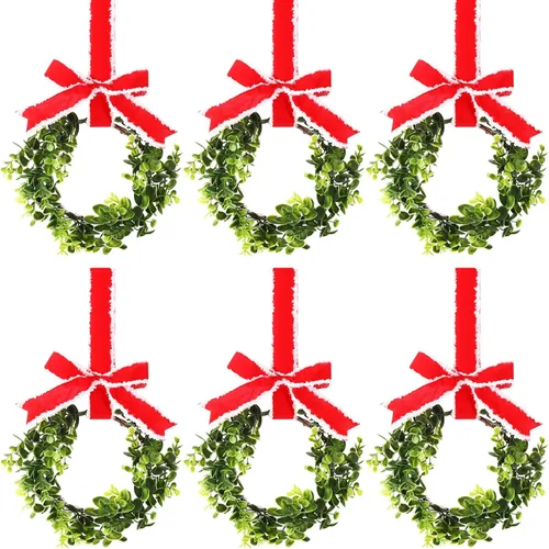 Vista 11 de 6 Piezas Coronas Pequeñas de Navidad para Gabinete de Cocina 9" Mini Coronas Artificiales de Boj de Navidad con Lazo de Cinta Decoración de Fiesta
