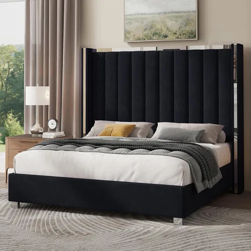 Vista 10 de Jocisland Marco de cama tamaño Queen con cabecero de 58 pulgadas de alto, cama de plataforma tapizada en terciopelo con cabecero tipo wingback