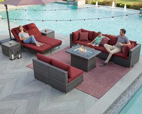 Vista 125 de NICESOUL Juego de muebles de patio de ratán extra grande con mesa para fogata de gas y propano, 29.3 pulgadas, respaldo alto, cómodos conversaciones