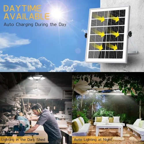 Vista 2 de Deogos Luces colgantes solares, luces solares de doble cabezal con sensor de movimiento para exteriores, 180 luces LED solares para interiores