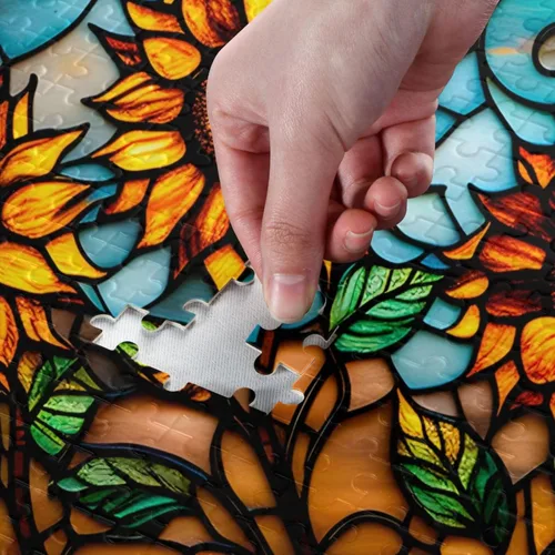 Vista 4 de Rompecabezas de girasol de estilo retro, material compuesto de madera de papel Zcon bolsa de almacenamiento e imagen de referencia fácil de resolver