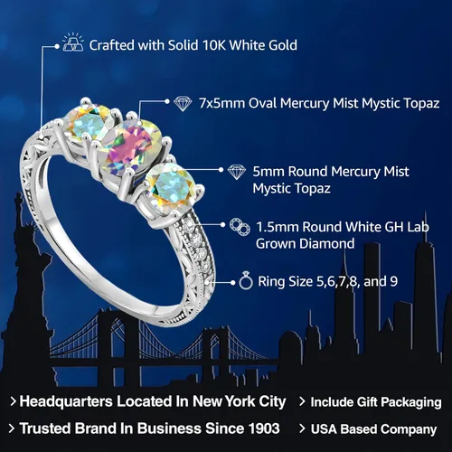 Vista 48 de Gem Stone King Anillo de compromiso de 3 piedras preciosas de oro blanco de 10 quilates con piedra natal y diamantes cultivados en laboratorio