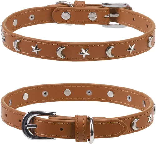 Vista 14 de Collar de cuero para perros pequeños, collar suave y ajustable con remaches de estrella y luna para perros machos y hembras, collares para cachorros