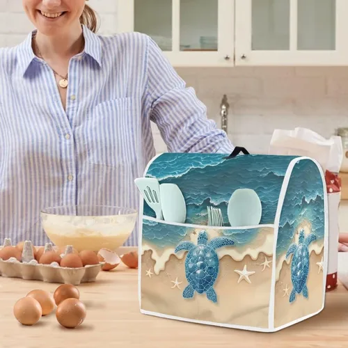 Vista 4 de Talayituse Beach Turtle Starfish Print Stand Mixer Cover for 4.5-5 Quarts Kitchen Aid, Washable Mixer Dust Cover with Handle and Pocket Kitchen