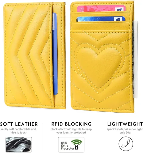 Vista 9 de Tarjetero de cuero acolchado para mujer cartera pequeña (amarillo)