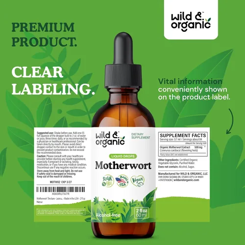 Vista 9 de Wild & Organic Motherwort Tintura - Buen estado de ánimo, calma, apoyo de la mujer - Gotas de extracto de hierba Motherwort - Suplemento vegano, sin