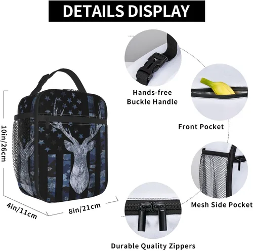 Vista 4 de Gianlaima Bolsa de almuerzo con diseño de camuflaje de camuflaje y bandera estadounidense, bolsa de almuerzo aislada portátil, reutilizable, bolsa