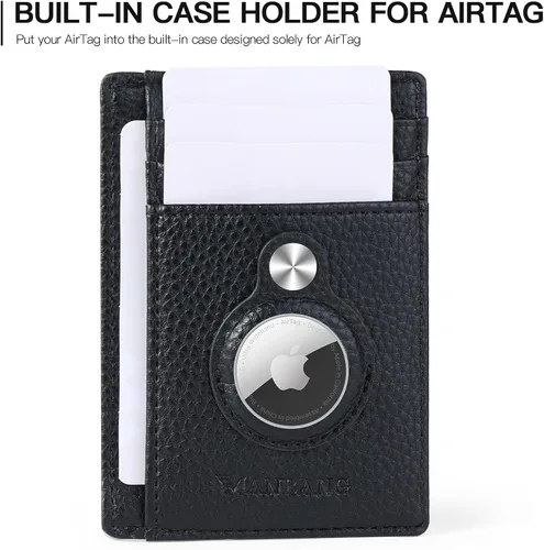 Vista 5 de Billeteras de cuero con bloqueo RFID y bolsillo frontal minimalista delgado para hombres, Negro -, Minimalista