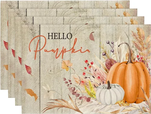 Vista 7 de Artoid Mode Juego de 2 manteles individuales de otoño de 12 x 18 pulgadas con diseño de hojas florales de calabaza naranja y calabaza