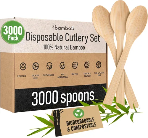 Vista 18 de Juego de cubiertos 100% de bambú - Juego de 100 cubiertos compostables