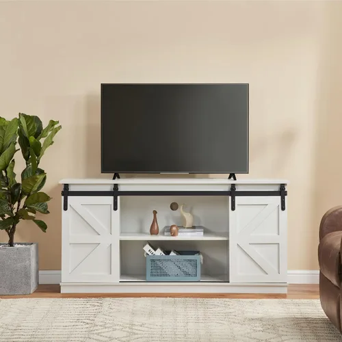Vista 10 de Soporte de TV con puerta corrediza de granero, centro de entretenimiento de madera moderna y rústica, armario de almacenamiento, mesa de estar