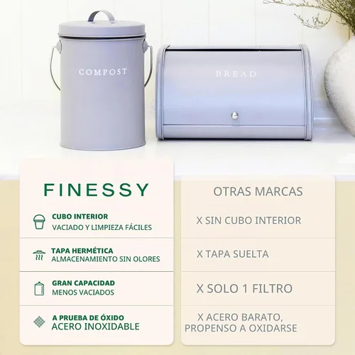 Vista 2 de FINESSY - Contenedor de compostaje para encimera con tapa, pequeño, compostador de cocina para interiores Gris nórdico.