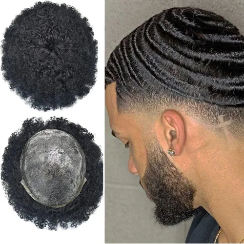 Vista 11 de Afro Toupee para hombres negros, sistema de reemplazo de cabello humano brasileño para hombres afroamericanos africanos afroamericanos, piezas