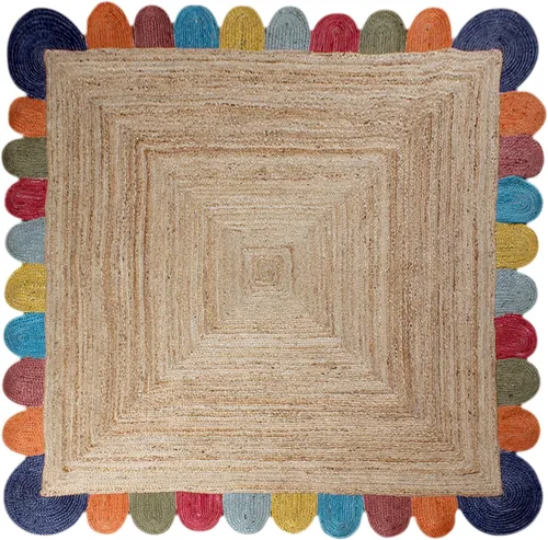 Vista 10 de Chindi - Alfombra cuadrada de yute de algodón de 3 pies, diseño beige y multicolor, patrón geométrico trenzado a mano de yute para interiores