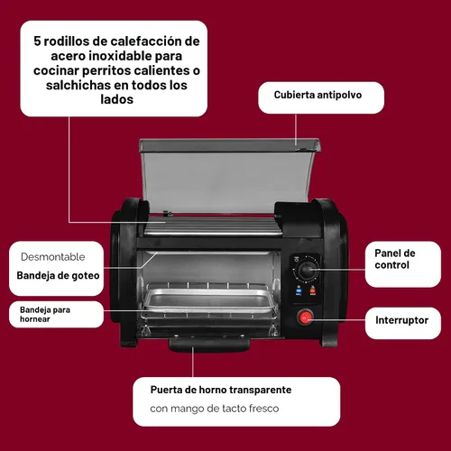 Vista 3 de Elite Gourmet EHD-051BX Horno Tostador para Hot Dog, Temporizador de 30 Minutos, Rodillos de Calentamiento de Acero Inoxidable, Bandeja para Migas