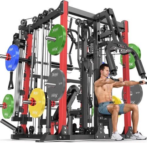Vista 44 de Rack Multiusos para Sentadillas, Conjunto de Rack de Pesas Smith Machine con Sistema de Crossover de Cables, Racks de Potencia para Gimnasio