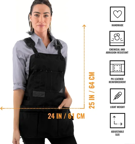 Vista 2 de Delantal para herramientas, soporte magnético para puntas, espalda cruzada, 18 bolsillos, color negro Oxford Canvas, Quick-Release Buckle, Double