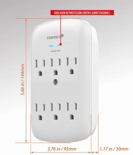Vista 6 de Protector contra sobretensiones de TV con 1200 julios, extensor de pared 6 Outlet 1 paquete