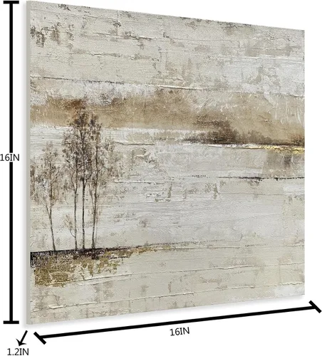 Vista 2 de Yihui Arts Arte de pared del paisaje del lago - Pintura rústica de granja en lienzo con árbol texturizado y acentos de lámina dorada