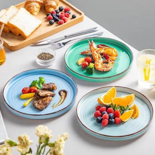 Vista 6 de vancasso Bonita platos de ensalada de 8.5 pulgadas, juego de pequeños platos de cena de cerámica, juego de 6 platos de postre, aptos para Azul