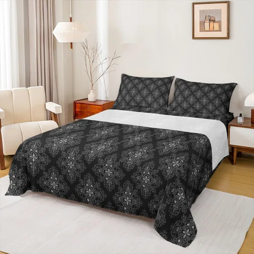 Vista 12 de Erosebridal Juego de sábanas de damasco con diseño floral, tamaño individual, gótico, rojo y negro, juego de sábanas de flores barrocas victorianas