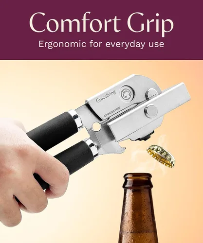 Vista 8 de Abrelatas manual magnético multifunción de alta calidad y abrebotellas, hoja de corte afilada de acero inoxidable resistente y perilla de giro fácil