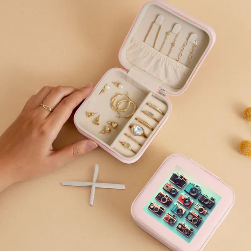 Vista 5 de Retro Cool Camera Collection Print Portable Square Jewelry Box Storage Case For Rings Earrings Bracelets Travel Gift