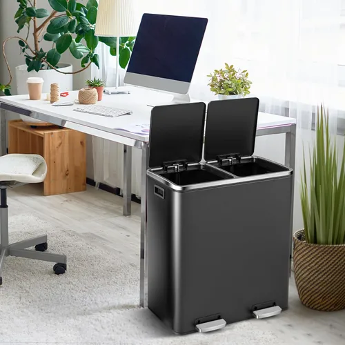 Vista 9 de Goplus Basurero doble de 60 litros (2 x 30 L)/16 galones de acero inoxidable, cubo de basura rectangular con cubos interiores y tapas con bisagras