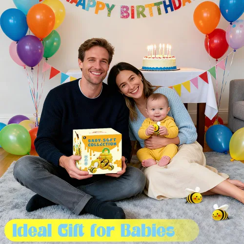 Vista 7 de Juguetes para bebés de 6 a 12 meses, juguetes Montessori de colmena para niños de 1 año con 5 abejas sensoriales de peluche, arrugados, sonajeros
