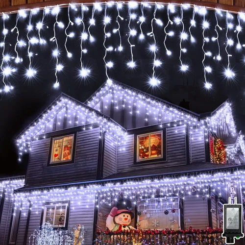 Vista 12 de 612 luces LED de Navidad de 60 pies con 136 gotas, 12 modos regulables, luces colgantes blancas frías al aire libre con memoria de temporizador