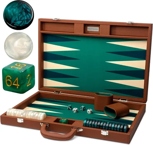 Vista 10 de Pointworks Juego de Backgammon Premium de 19 Pulgadas para Adultos de Cuero Negro - Azul. Juego de Fichas y Dados Premium de 1.6 Pulgadas, Juego