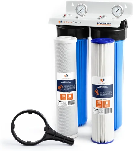 Vista 10 de Sistema de filtro de agua de 2 etapas para toda la casa con filtros de carbono y GAC de 20 x 4.5 contra cloro y olor, manómetro y liberación, llave