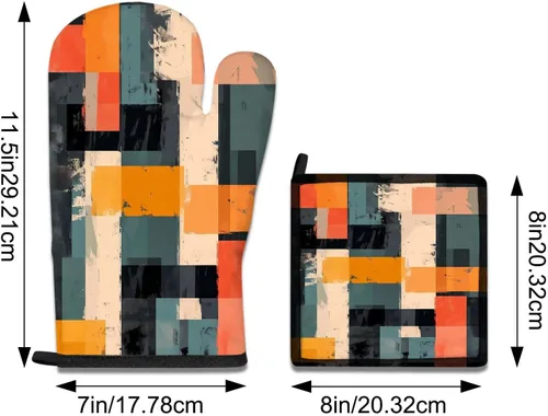 Vista 4 de MCALK Juego de 5 manoplas de horno y soportes para ollas, guantes abstractos para horno y almohadillas calientes para cocina de cocina, manoplas