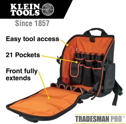 Vista 2 de Klein Tools 55482 Mochila para herramientas, organizador de herramientas resistente Tradesman Pro con 21 bolsillos e interior grande, resistente al