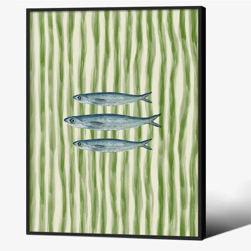Vista 21 de Impresiones de Sardinas - Pósteres de pared de cocina de moda, diseño de rayas verdes, retro y moderna, estética de alimentos para el hogar