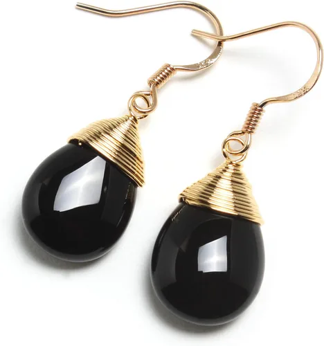 Vista 2 de Scutum Craft Aretes colgantes de piedras preciosas naturales auténticas con envoltura de alambre chapado en oro amarillo de 14 quilates y gancho