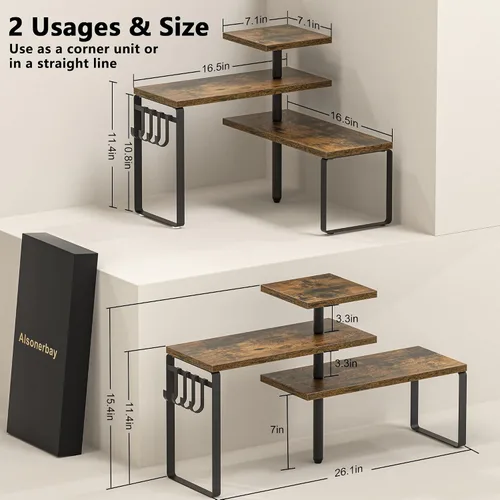 Vista 2 de Alsonerbay Estante organizador de esquina de 3 niveles para cocina y baño Rustic Wood & Metal Storage Shelf with Hanging Hooks for Coffee Bar