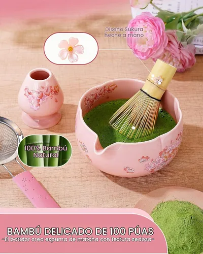 Vista 3 de Juego de batidor de matcha, juego de 6 piezas de matcha que incluye un tazón grande de matcha, batidor de bambú y cuchara con bonito encanto