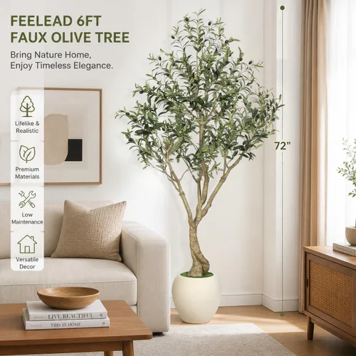 Vista 2 de Árbol de olivo sintético de 6 pies para interior con maceta, planta