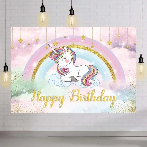 Vista 4 de MEHOFOND Telón de fondo de unicornio de 7 x 5 pies para niñas, cumpleaños, arco iris, caricatura, unicornio, fotografía, fondo de princesa, cielo