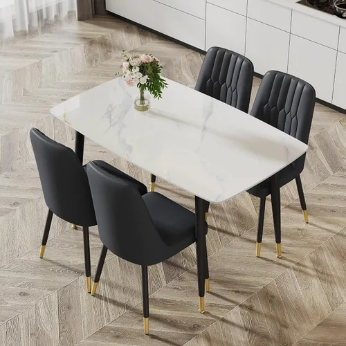 Vista 7 de Juego de 4 sillas de comedor modernas, juego de sillas de cocina de piel sintética, asiento tapizado acolchado grueso, sillas laterales negras sin